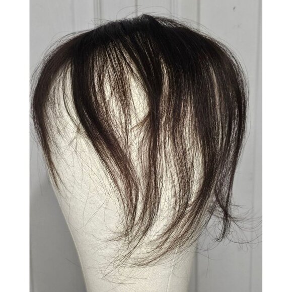 10 in Human Hair Clip Topper Dark Brown Cocoa Wispy Bangs Thinning Hair Wiglet - Picture 4 of 5